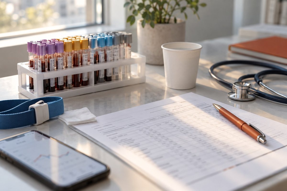 Blood tubes with colored caps, a printed results sheet and a stethoscope on a clinic desk