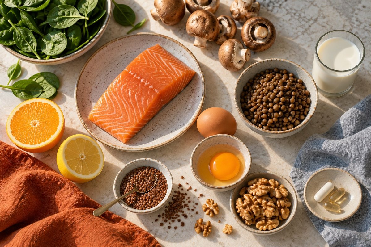 Salmon, eggs, mushrooms, spinach, lentils, citrus, walnuts and a few capsules on a light kitchen counter